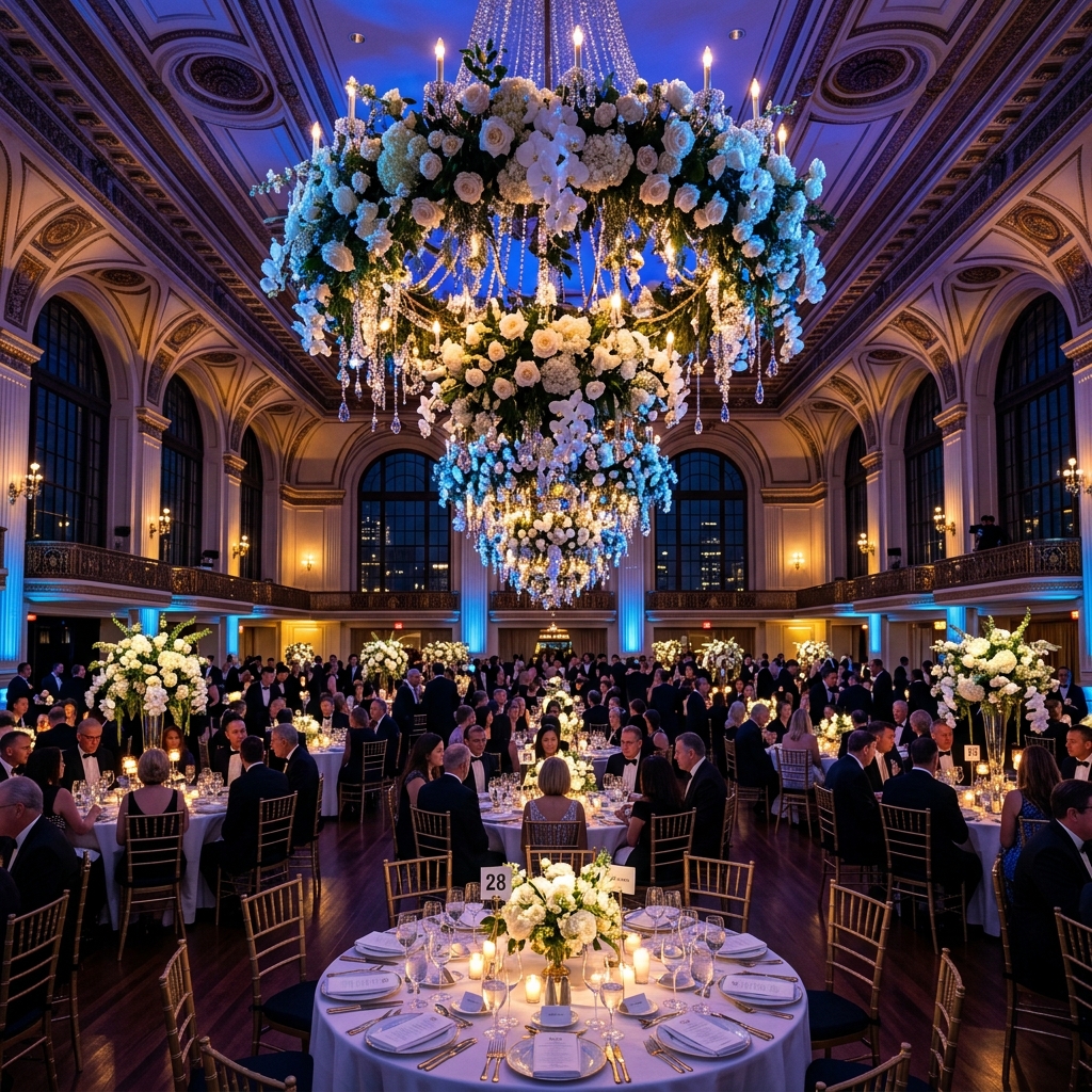 Luxury Banquet Hall with Floral Chandeliers
