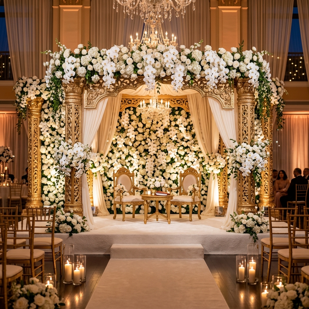 Elegant White & Gold Wedding Ceremony Backdrop